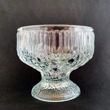 Load image into Gallery viewer, A unique set of six vintage clear pressed glass sherbet dishes that offer a nod to the Scandinavian art glass designers of the mid-century. These nicely weighted glacier style sherbets have a smooth texture of a melting wall of ice right down to their flared foot. Perfect for adding a mid mod touch to your desserts! In excellent condition, free from chips/cracks. Measures 3 3/4 x 3 1/2 inches Capacity 10 ounces