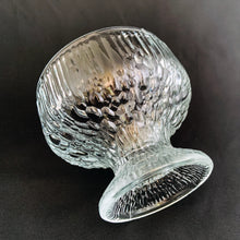 Load image into Gallery viewer, A unique set of six vintage clear pressed glass sherbet dishes that offer a nod to the Scandinavian art glass designers of the mid-century. These nicely weighted glacier style sherbets have a smooth texture of a melting wall of ice right down to their flared foot. Perfect for adding a mid mod touch to your desserts! In excellent condition, free from chips/cracks. Measures 3 3/4 x 3 1/2 inches Capacity 10 ounces