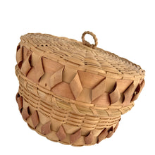 Load image into Gallery viewer, Antique Mi'kmaq Wabanaki fancy lidded basket, three-quarter view with lid on, showing full profile of twisted splint ash construction, jikiji'j curl band, and sweetgrass braided loop handle, early 20th century