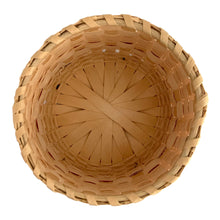 Load image into Gallery viewer, Overhead interior view of antique Mi'kmaq Wabanaki fancy basket body showing the radiating black ash splint base construction and plain twill-woven interior walls, early 20th century