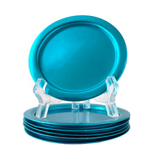Load image into Gallery viewer, Set of six vintage turquoise aluminum coasters with raised edge detail, mid-century modern barware from the 1950s-60s