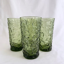 Load image into Gallery viewer, Vintage set of four "Miliano Green" flat glass tumbler with textured surface which makes them incredible easy to hold. Produced by the Anchor Hocking Glass Company, USA between 1960 - 1969. These green glasses bring back all those retro vibes! In excellent condition, no chips or cracks. Measures 3 x 5-1/2 inches Capacity 12 ounces We have 4 in stock, priced individually.