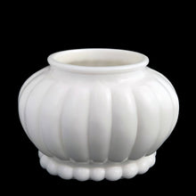 Load image into Gallery viewer, Vintage milk glass melon ribbed vase, straight-on front view showing full globe silhouette, vertical ribbing, and hobnail foot ring on black background