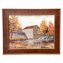 Load image into Gallery viewer, Full view of framed original oil painting, autumn mill on river landscape, signed Knighton, in ornate burl wood frame
