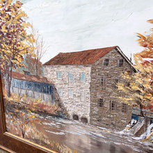 Load image into Gallery viewer, Close-up of textured palette knife brushwork depicting stone mill building with red roof surrounded by golden autumn foliage
