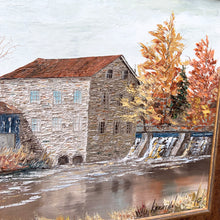 Load image into Gallery viewer, Detail of stone mill facade and cascading waterfall with richly textured impasto brushwork in autumn tones