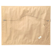 Load image into Gallery viewer, Back of framed painting showing kraft paper backing, hanging wire with D-ring hardware, and original framer's label