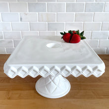 Load image into Gallery viewer, full view of vintage Indiana Glass Monterey milk glass square pedestal cake stand