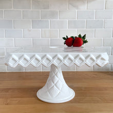 Load image into Gallery viewer, Side view of Indiana Glass Monterey milk glass square pedestal cake stand showing pedestal base and overall height