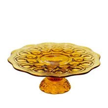 Load image into Gallery viewer, Vintage amber Moon and Star pressed glass low pedestal cake plate stand. Crafted by LE Smith Glass, USA, 1960s. This timeless cake stand with its heirloom-style craftsmanship is sure to be a conversation starter at any gathering!
In excellent condition, no chips.
Measures 11 3/4 x 3 3/4 inches