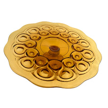 Load image into Gallery viewer, Vintage amber Moon and Star pressed glass low pedestal cake plate stand. Crafted by LE Smith Glass, USA, 1960s. This timeless cake stand with its heirloom-style craftsmanship is sure to be a conversation starter at any gathering!
In excellent condition, no chips.
Measures 11 3/4 x 3 3/4 inches