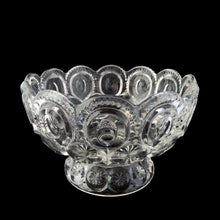 Load image into Gallery viewer, Vintage Moon and Star clear glass footed open compote or bowl with scalloped rim. Crafted by LE Smith Glass, USA, 1940 - 2004. This highly collectible vessel make a lovely candy bowl or catchall to accent your decor.
In excellent condition, no chips.
Measures 7 3/8 x 4 3/4 inches