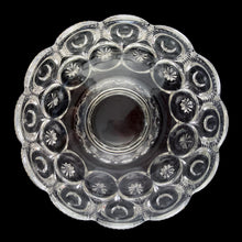 Load image into Gallery viewer, Vintage Moon and Star clear glass footed open compote or bowl with scalloped rim. Crafted by LE Smith Glass, USA, 1940 - 2004. This highly collectible vessel make a lovely candy bowl or catchall to accent your decor.
In excellent condition, no chips.
Measures 7 3/8 x 4 3/4 inches
