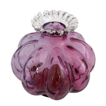 Load image into Gallery viewer, Fenton Art Glass mulberry Diamond Optic melon perfume bottle, angled top view showing crimped clear glass collar and lobed melon body, USA, 1940s