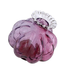 Load image into Gallery viewer, Overhead angled view of Fenton Art Glass mulberry Diamond Optic melon perfume bottle showing crimped clear collar and rounded lobed body