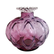 Load image into Gallery viewer, Front view of Fenton Art Glass mulberry Diamond Optic melon perfume bottle showing full lobed melon form, crimped clear glass collar, and mulberry-to-cranberry colour graduation