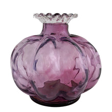 Load image into Gallery viewer, Side view of Fenton Art Glass mulberry Diamond Optic melon perfume bottle showing lobed body, narrow neck, and crimped clear glass collar detail