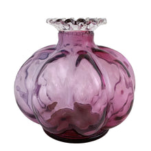 Load image into Gallery viewer, Rear view of Fenton Art Glass mulberry Diamond Optic melon perfume bottle showing lobed body, narrow neck, and crimped clear glass collar detail