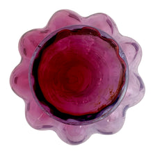 Load image into Gallery viewer, Underside view of Fenton Art Glass mulberry Diamond Optic melon perfume bottle showing scalloped lobed base and deep cranberry pontil centre