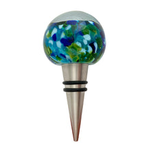 Load image into Gallery viewer, Side view of hand-blown Murano wine stopper displaying vibrant blue, green and clear glass with stainless steel base