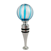 Load image into Gallery viewer, Hand-blown Murano glass circus ball wine stopper with blue and silver stripes on clear glass sphere