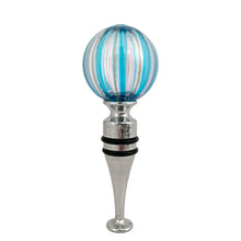 Load image into Gallery viewer, Close-up of Italian art glass circus ball wine stopper showing vibrant sky blue and silver striped pattern
