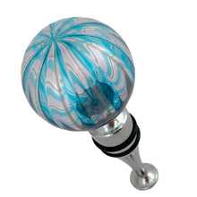 Load image into Gallery viewer, Side view of Murano glass wine stopper with whimsical circus ball design and stainless steel base