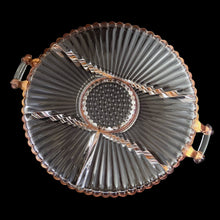 Load image into Gallery viewer, Jacks Daughter of All Trades Vintage Antique Mid-Century Kitsch Store Shop Reseller Etsy Shopify Toronto Canada Free Porch Pick Up Local Delivery Worldwide Shipping Judy Weinberg Unique Housewarming Gift Sustainable Gift Wedding Gift Home Decor Collectible Collector Gift Farmhouse Cottagecore Cottage Lodge Shabby Chic Industrial Hollywood Regency Art Deco National 15 Inch round 6-part clear glass relish with handles and gold trim Jeannette Glass, USA