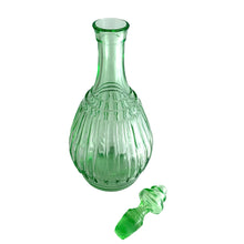 Load image into Gallery viewer, Vintage New Century Green Uranium Glass Decanter, Hazel-Atlas Glass, USA, 1930 - 1935. Glows brilliantly under black light. A wonderful addition to your glowy glass collection... perfect for a spooky barware display too!
In excellent condition, no chips to the decanter, chipping to the end of the stopper.
Measures 4 3/4 x 10 1/2 inches