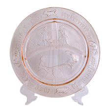 Load image into Gallery viewer, Adorable vintage pink depression glass child's dinnerware set including a plate, bowl and mug featuring nursery rhymes. Crafted by Tiara Indiana Glass, USA, circa 1990s. a beautiful gift for the parent's to be! In excellent condition, free from chips.