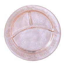 Load image into Gallery viewer, Adorable vintage pink depression glass child's dinnerware set including a plate, bowl and mug featuring nursery rhymes. Crafted by Tiara Indiana Glass, USA, circa 1990s. a beautiful gift for the parent's to be! In excellent condition, free from chips.