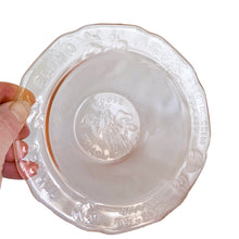 Load image into Gallery viewer, Adorable vintage pink depression glass child's dinnerware set including a plate, bowl and mug featuring nursery rhymes. Crafted by Tiara Indiana Glass, USA, circa 1990s. a beautiful gift for the parent's to be! In excellent condition, free from chips.