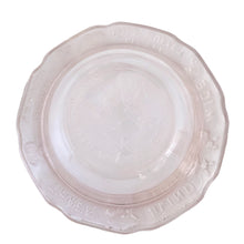 Load image into Gallery viewer, Adorable vintage pink depression glass child's dinnerware set including a plate, bowl and mug featuring nursery rhymes. Crafted by Tiara Indiana Glass, USA, circa 1990s. a beautiful gift for the parent's to be! In excellent condition, free from chips.