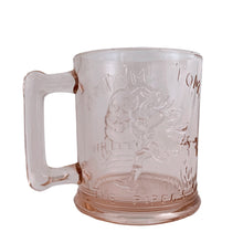 Load image into Gallery viewer, Adorable vintage pink depression glass child's dinnerware set including a plate, bowl and mug featuring nursery rhymes. Crafted by Tiara Indiana Glass, USA, circa 1990s. a beautiful gift for the parent's to be! In excellent condition, free from chips.