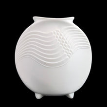 Load image into Gallery viewer, A delicate and elegant art nouveau style white bisque flower vase featuring embossed ocean wave design and glazed on the inside. Impressed "M. Frey" signature and shape number "678". Crafted by Kaiser, Germany. A lovely vase to fill with a sweet bouquet of fresh or dried flowers In excellent condition, free from chips/cracks/repairs. Measures 4 x 4 inches