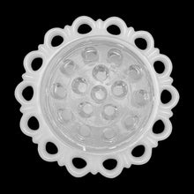 Load image into Gallery viewer, top view of vintage Old Colony milk glass compote with glass flower frog