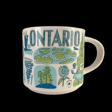 Load image into Gallery viewer, Perfect for your morning cuppa joe! This fabulous collectible Ontario mug was produced by Starbucks as part of their "Been There Series" Across The Globe Collection, 2023. A white ceramic mug printed design in shades of blue and green with blue interior. In excellent condition, free from chips/cracks/wear. In original box. Measures 3 5/8 x 3 3/8 inches Capacity 14 ounces