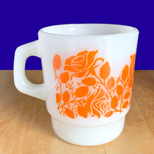 Load image into Gallery viewer, Side view of Fire-King orange florals milk glass mug showing D-handle, Anchor Hocking 1970s vintage drinkware