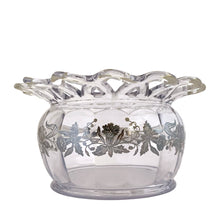 Load image into Gallery viewer, Vintage clear laced edge pressed glass rose bowl featuring a band of silver overlay daffodils. The glass is attributed to Co-Operative Flint Glass and the silver overlay to Silver City, USA, circa 1940s/50s. Pair this beauty with a flower frog for a stunning floral display! In excellent condition, free from chips. Silver overlay is intact. Measures 7 1/2 x 4 1/8 inches Opening measures 4 1/2 inches
