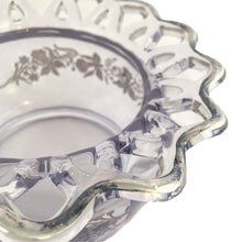 Load image into Gallery viewer, Vintage clear laced edge pressed glass rose bowl featuring a band of silver overlay daffodils. The glass is attributed to Co-Operative Flint Glass and the silver overlay to Silver City, USA, circa 1940s/50s. Pair this beauty with a flower frog for a stunning floral display! In excellent condition, free from chips. Silver overlay is intact. Measures 7 1/2 x 4 1/8 inches Opening measures 4 1/2 inches