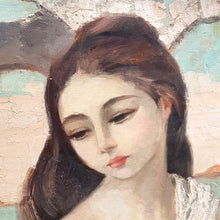 Load image into Gallery viewer, Close-up of painted canvas surface showing impasto brushwork and soft coastal tones in Herbert Otto Fiedler "Quiet Island," oil on canvas, circa 1940s