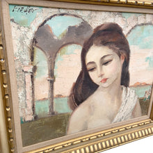 Load image into Gallery viewer, Three-quarter view of framed Herbert Otto Fiedler oil painting showing gilt frame profile and canvas, 26 x 22 inches overall, mid-century original art