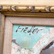 Load image into Gallery viewer, Detail of artist signature "Fiedler" hand-signed in block script at upper left corner of Herbert Otto Fiedler oil painting "Quiet Island," circa 1940s–1950s