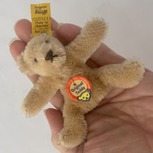Load image into Gallery viewer, Vintage Original Teddy miniature beige bear made beige mohair. He has a brown hand embroidered nose and mouth, black beaded eyes and his head is jointed and bendable limbs. Silver button-in-ear with yellow tag. His chest has the red, blue and yellow white tag. Steiff, Germany, 1969 - 1977. A must-have for any Steiff or teddy bear collector! In excellent condition. Purchased from the original owner who kept it in a display case. Measures 2 3/4 inches or 7cm tall