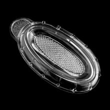 Load image into Gallery viewer, Vintage pressed glass food grater. Produced by Rhuglas, Germany, circa 1950s. Glass graters are used to puree fruit and grate garlic, ginger and hard cheeses to a perfect consistency. Glass graters were an essential part of a home cooks kitchen and essential for making baby food from scratch. Thanks to the non-porous nature of glass, it's very easy to keep clean, preventing absorption of odours or residue from previous use. In excellent condition, free from chips. Measures 7 1/3 x 3 1/8 x 1 1/8 inches