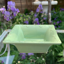 Load image into Gallery viewer, Vintage pale green square ceramic jardiniere planter No 322-6 featuring flared edge embossed with florals. Crafted by Robinson Ransbottom Pottery Co., 1950s. A beautiful piece to add to your art pottery collection!
In good vintage condition, no chips/cracks/repairs. Age-related crazing and manufacturer's glaze pops. Maker's marks.
Measures 6 x 6 x 2 1/4 inches