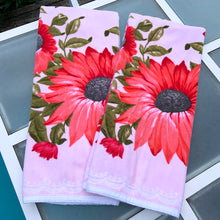 Load image into Gallery viewer, A vintage pale salmon pink ultra soft cotton terry cloth bath towels featuring a striking spray of flowers in shades of salmon, charcoal and green with an inset scalloped border pattern. Crafted by Besana, Italy. This gorgeous towel is sure to amplify your bath! In excellent condition, free form tears/stains. Possibly new old stock. Measures 47 inches x 27 1/2 inches