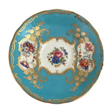 Load image into Gallery viewer, A rare vintage Bone China teacup and saucer with scalloped rim features a hand painted turquoise interior on a white ground, lavishly decorated with gold gilt filigree, complemented by colourful floral bouquets on the interior of the cup and saucer. Crafted by Aynsley, England. Backstamp indicates production between 1934 - 1950s. A stunning addition to your teacup collection!