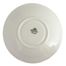 Load image into Gallery viewer, A rare vintage Bone China teacup and saucer with scalloped rim features a hand painted turquoise interior on a white ground, lavishly decorated with gold gilt filigree, complemented by colourful floral bouquets on the interior of the cup and saucer. Crafted by Aynsley, England. Backstamp indicates production between 1934 - 1950s. A stunning addition to your teacup collection!