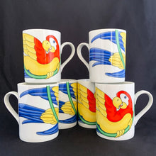 Load image into Gallery viewer, This bright and energetic "Parrot-in-Ring" white ceramic mug is so much fun. This cheeky grinned parrot is brightly coloured in orange, yellow, green and blue. Produced by Fitz & Floyd, Japan, 1979. In excellent vintage condition, free from chips/cracks. Marked on the bottom "Parrot-in-Ring, Fitz & Floyd Inc., ©MCMLXXIX, FF, 64" Measures 2 3/4 x 3 3/4 inches Capacity 11 ounces